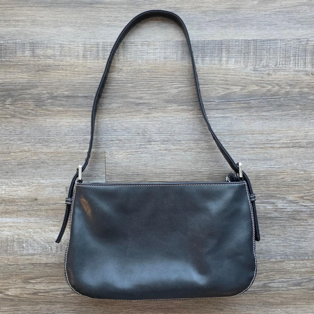 Charter Club Vintage 90s Black Leather Baguette Hobo Shoulder Bag White Stitch